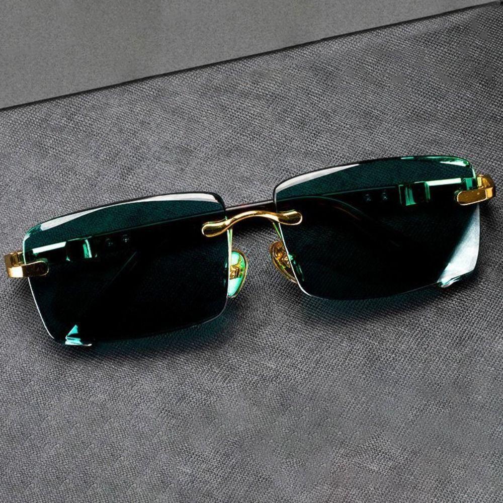 Frameless Men'S Sunglasses Green Crystal Stone Leopard Print Cycling Goggles Black Shades Metal Driving Glasses