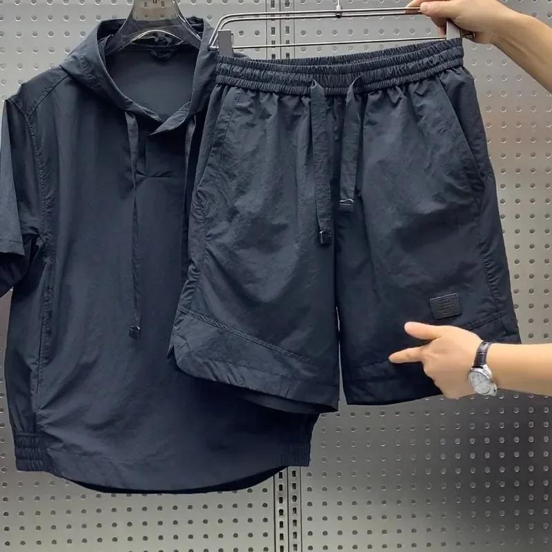 Летняя мужская повседневная свободная легкая дышащая футболка шорты комплект карго стиль карман повседневные спортивные толстовки с коротким рукавом шорты из двух частей