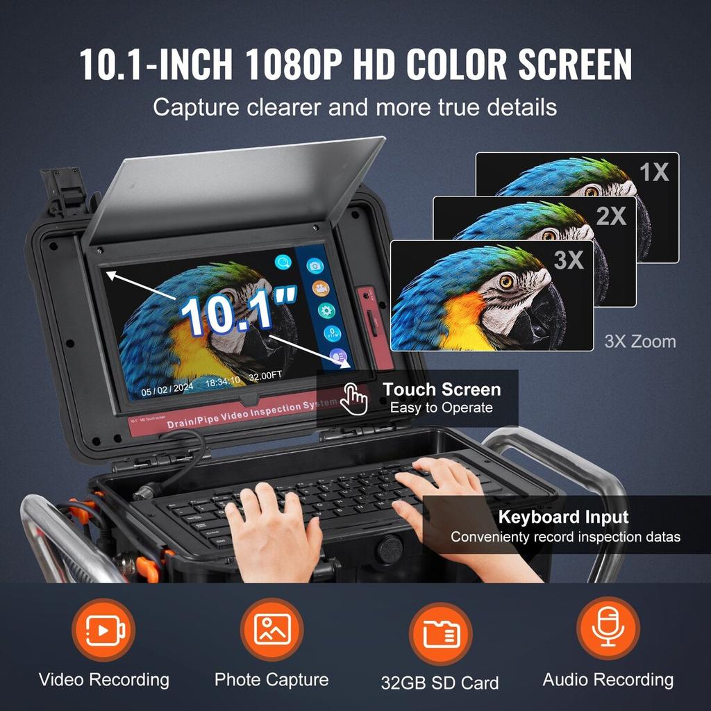 Sewer Camera 328 ft/100m Self-Leveling Drain Camera with 10.1" Touchscreen