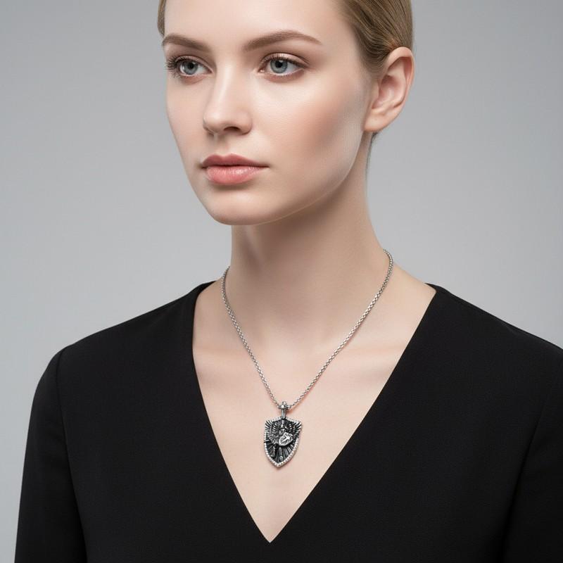 Dark Gothic Angel Shield Pendant Necklace Men Women Heavyweight Copper U-Shaped Statement Piece With Wing Motif Vintage