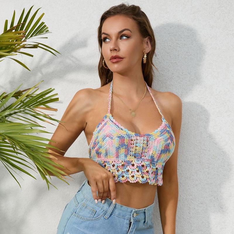 Модный бохо-стиль сексуальный вышитый крючком цветочный топ красочный вязаный слинг пляжный бикини бюстгальтер