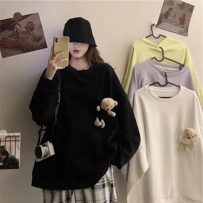 Толстовки с капюшоном для девочек, однотонные, осенние, корейские, универсальные, с длинными рукавами, блузы с круглым вырезом, милые, с карманом для куклы и медведя, свободные топы