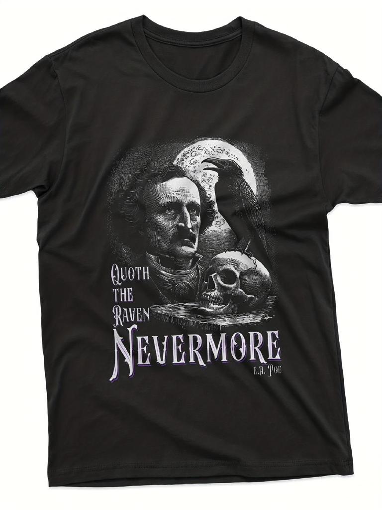 Poe Raven Nevermore Gothic Horror Halloween Art T Shirt D Crew Neck Loose Fit Pure Fabric Breathable and Comfortable Retro