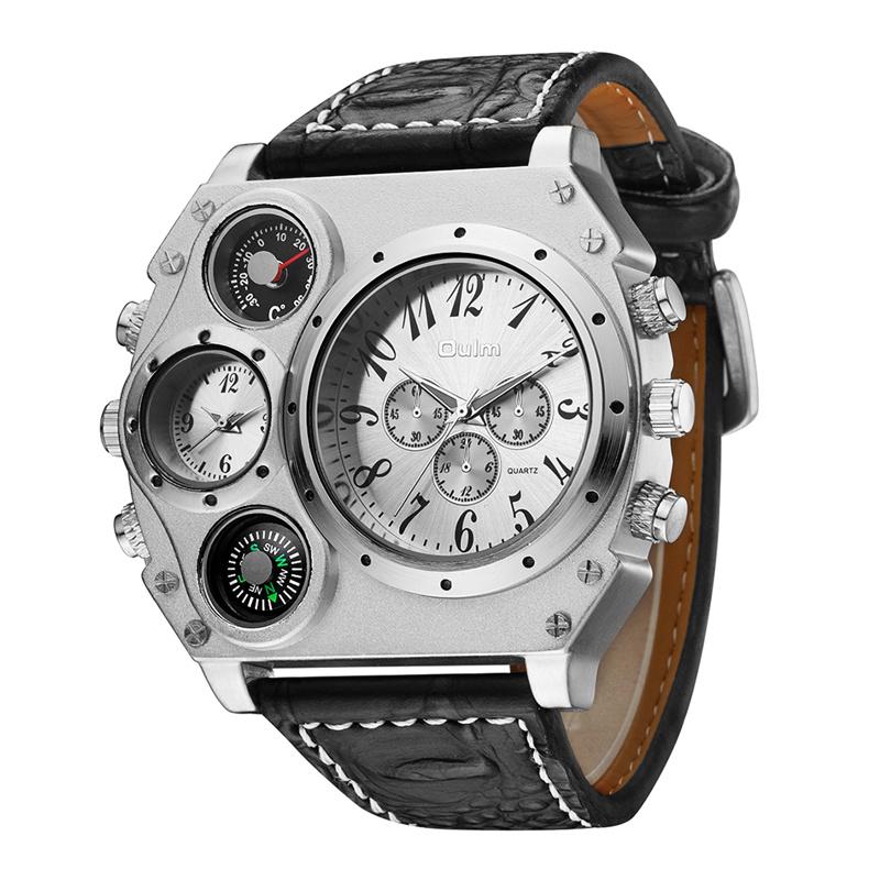 Мужские спортивные часы большого размера с кожаным ремешком и двумя часовыми поясами