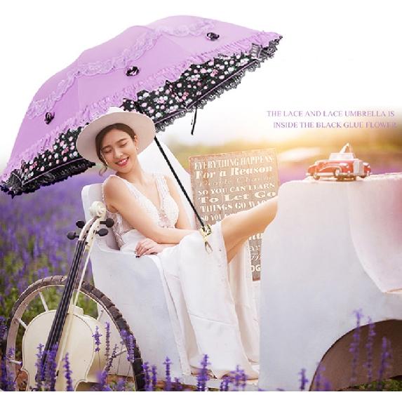 Lace Flower Women Sun Parasol Sunscreen Portable Compact Black Coating Anti UV Rain Umbrella Girl Princess Sunshades