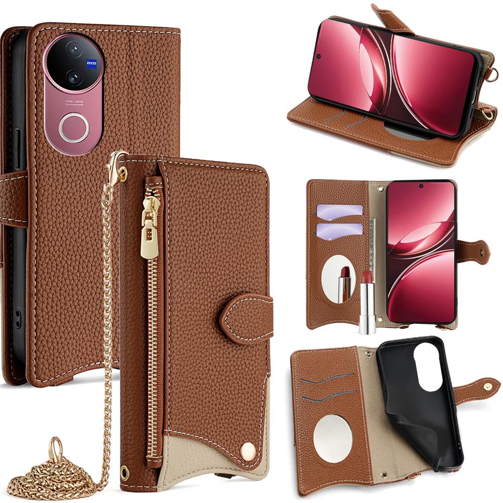 For vivo V50 5G Wallet Case Fishtail Design Leather Phone Cover with Mirror/Stand/Strap