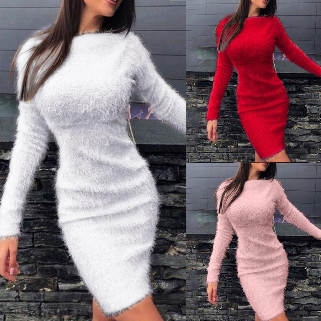Winter Plush Warm Sweater Dress Women Long Sleeve Round Neck Dresses Party Bodycon Mini Dress