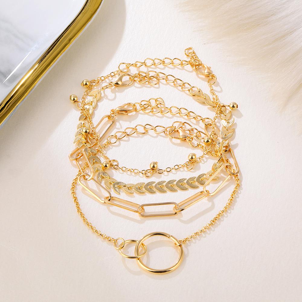 Браслет-цепочка с геометрическим кругом и рыбьей костью, набор из 4 предметов, набор браслетов в стиле ретро