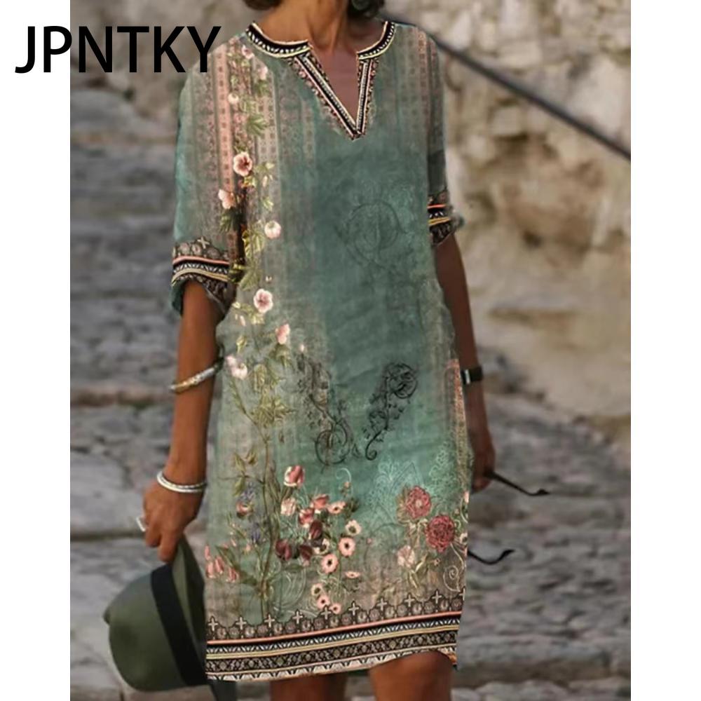 JPNTKY Women Sexy V Neck T-Shirt Dress Summer Women Short Sleeve Top Women Slim Midi Dress Beach Skirt Print Dress Casual Dress