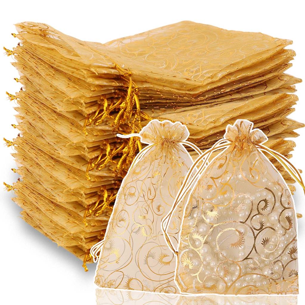 Gold Organza Gift Bags with Drawstring Jewelry Storage Mesh Pouch Candy Packing Bags Wedding Favor Christmas Party Candy Bag