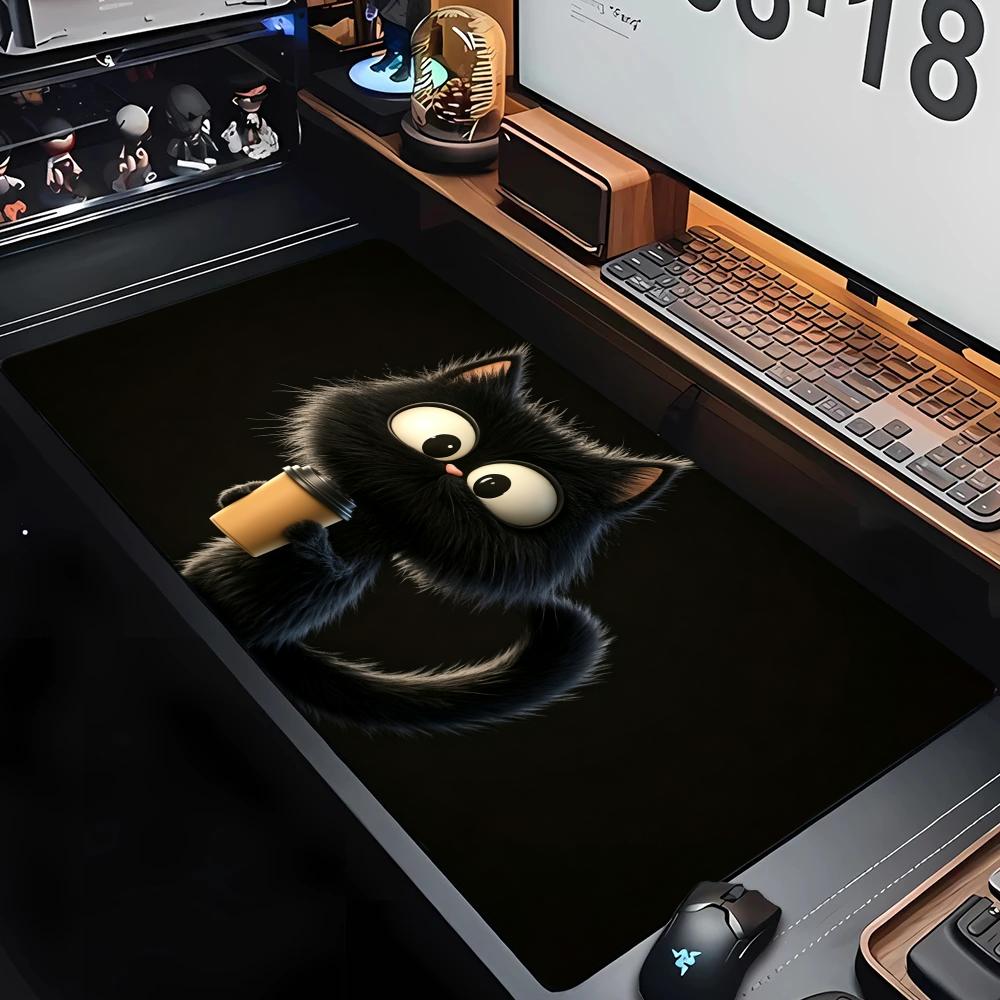 Fluffy Black Cat Hold Coffee Mouse Pad Large Computer Office Game Table Mat Rubber Anti-slip Stitched Keyboard Mat XXL Desk Pads