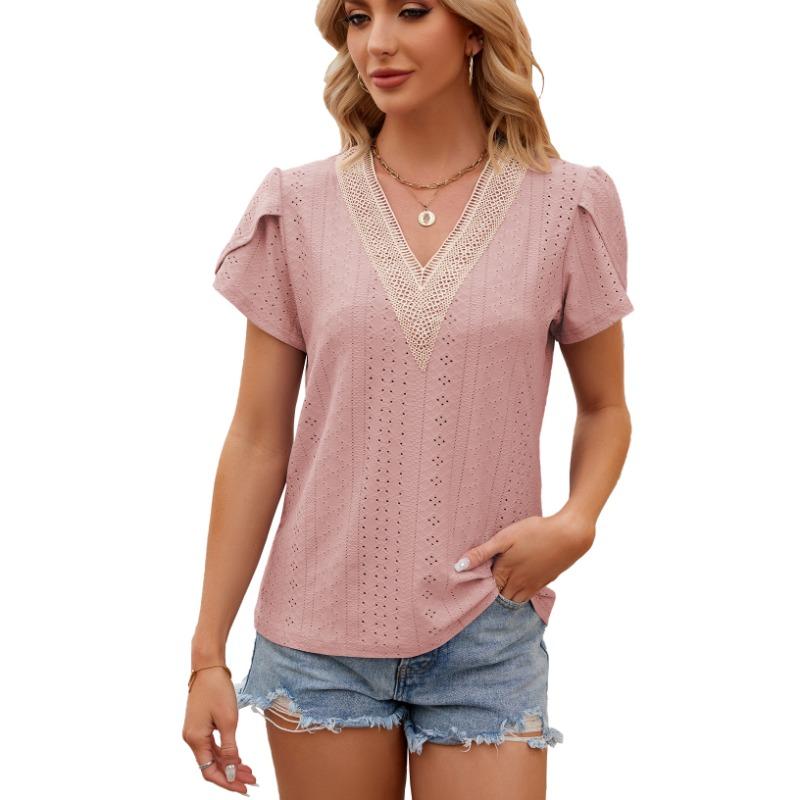 Spring Summer Lace Patchwork V-neck Loose Short Sleeved T-shirt for Women