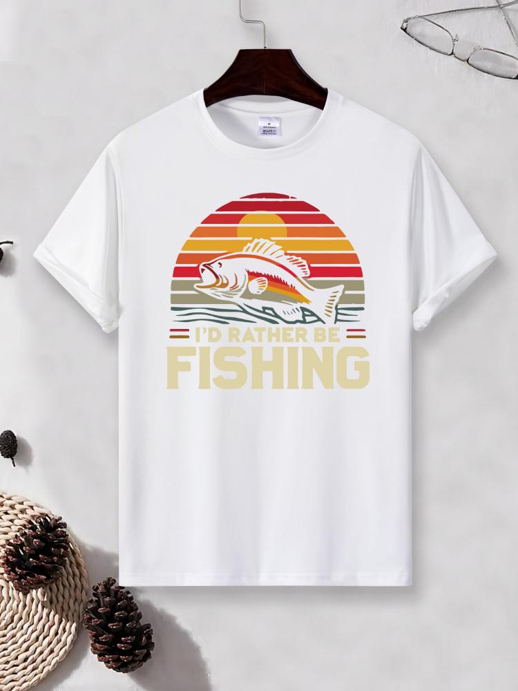 I'd Rather Be Fishing pattern design-100% cotton summer O-neck short sleeve casual printed men's T-shirt.