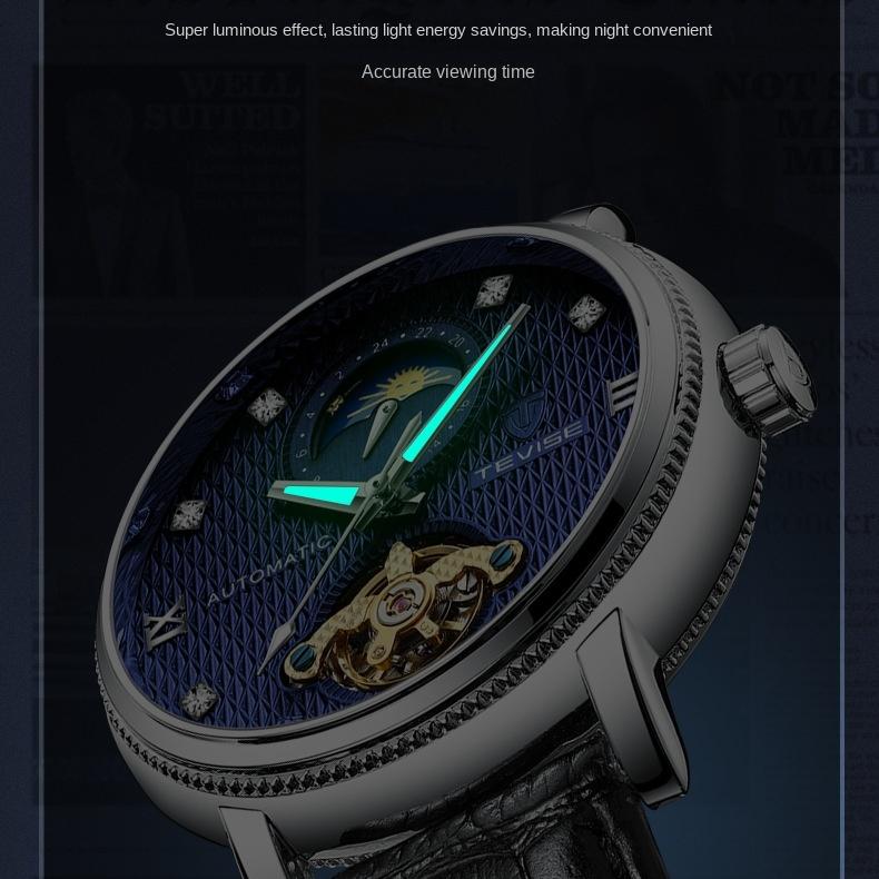 TEVISE Механические часы Автоматические кожаные светящиеся механические часы для мужчин