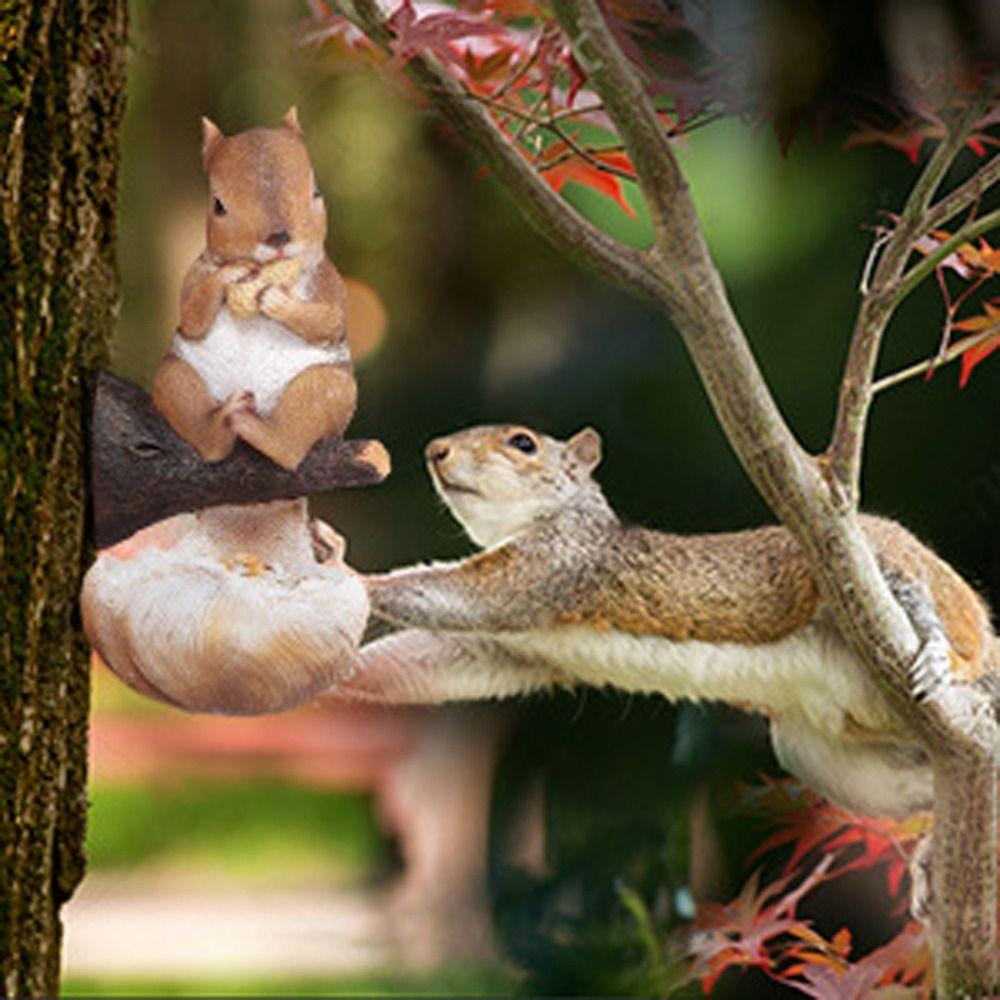 Resin Bird Feeder Cute Art Statue Multi Functional Squirrel Tree Hanging Micro Landscape