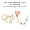 Baby Pacifier Clip Wooden Beaded Teething Toys Cute Cartoon Soothing Teether Hand Bracelet Stroller