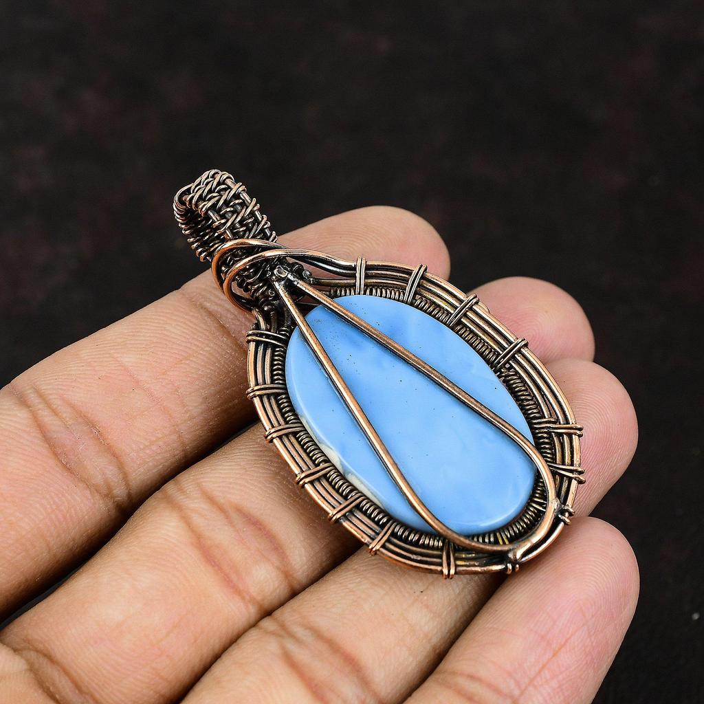 Кулон с голубым опалом Оуайхи, обернутый медной проволокой, кулон ручной работы, украшения из медной проволоки, подарок для женщин, ювелирные изделия из драгоценных камней высшего качества