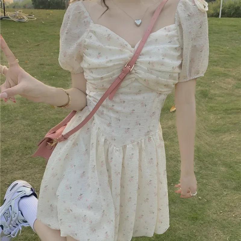 2025 Floral Off-Shoulder Puff Sleeve Dress - Women's Spring/Summer Slimming Fairy Style