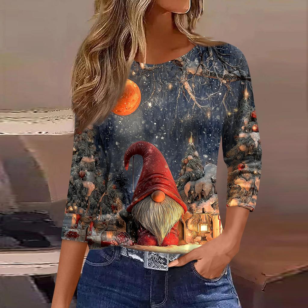 Women's Fashion Casual Three-quarter Sleeve Christmas Printed  Neck Top