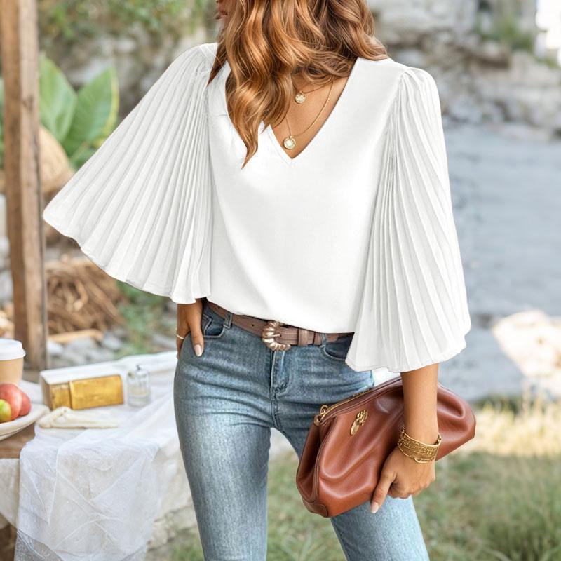ZANZEA Women Casual V-Neck Pleated 3/4 Sleeve Loose Blouse