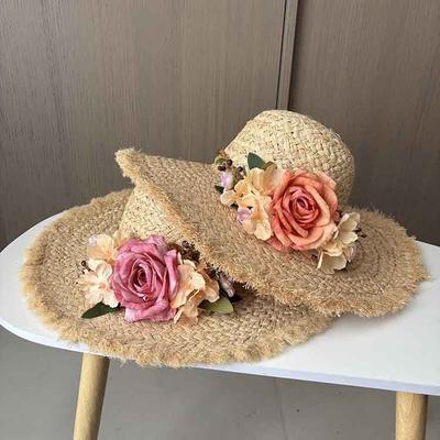 Summer French Raffia Hat Women's Summer Vacation Versatile Sun Hat Flower Big Brim Sun Protection Beach Hat
