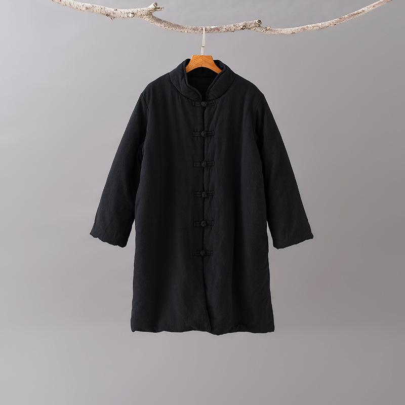 Winter New Loose Retro Stand-up Collar Buckle Linen Medium and Long Cotton-padded Women's Warm Cotton-padded Clothes