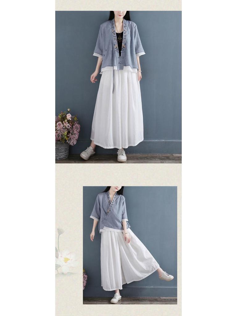 Women's V-Neck Cotton Linen Shirt - Spring/Summer 2024, Loose Fit, Large Size, Casual Short-Sleeve