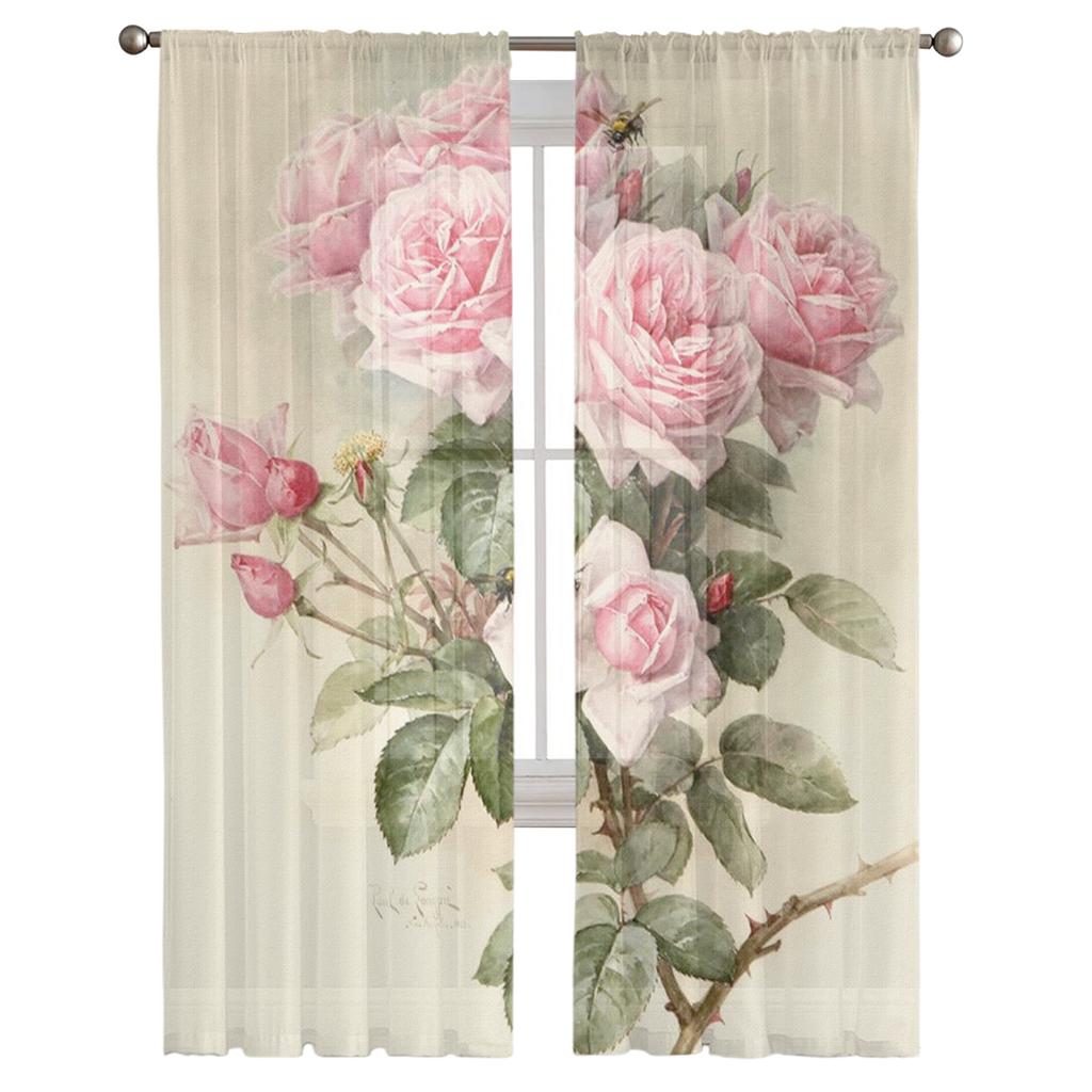 Pink Rose Vintage Tulle Window Curtain For Living Room Modern Sheer Curtain For Bedroom Kitchen Drapes Custom