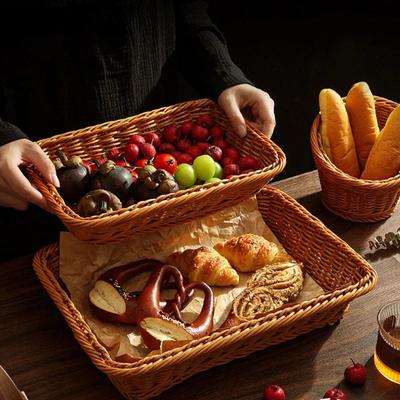 Поднос для еды из имитации ротанга, корзина для фруктов, поднос для хранения для ресторана и кухни, поднос для выпечки, дим-самов, хлеба, десертов