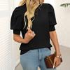 Women Knitting Tops Round Neck Puff Short Sleeve Solid Color Summer Tops