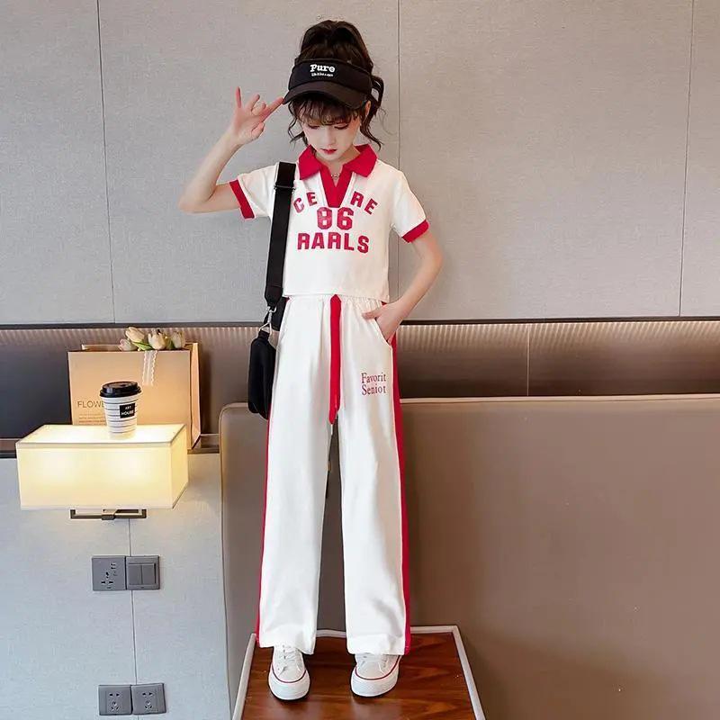 Летний костюм-двойка для девочек в корейском стиле с короткими рукавами 2024 года: Модные брюки для детей среднего и старшего возраста
