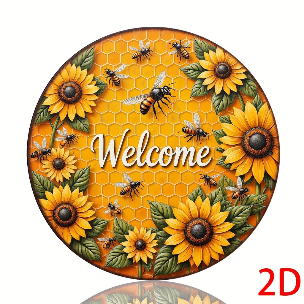 D Flat pc Vintage Bee Sunflower Metal Wall Art Rustic Farmhouse Decor with Bumblebee Pollination Design cm Roun