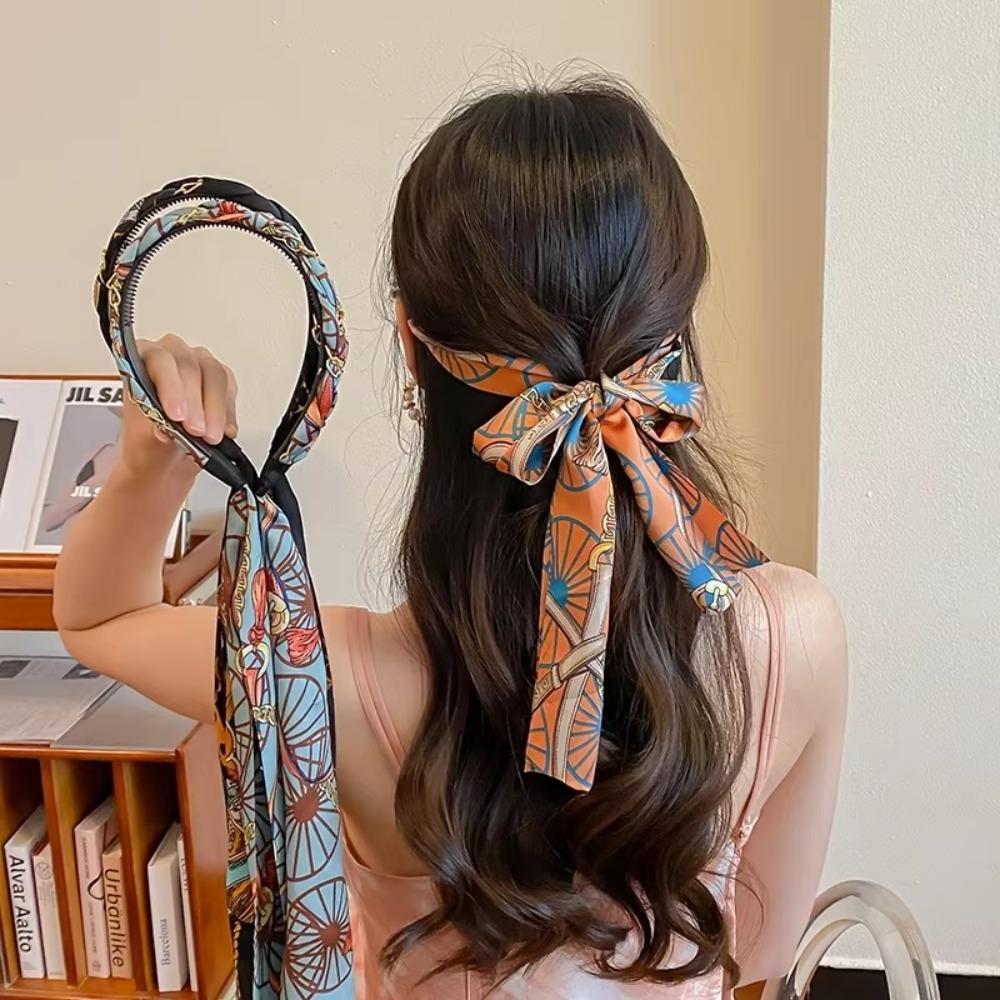 Регулируемый бант шелковый шарф повязка на голову цветочный принт обруч для волос лента повязка на голову бохо аксессуар для волос
