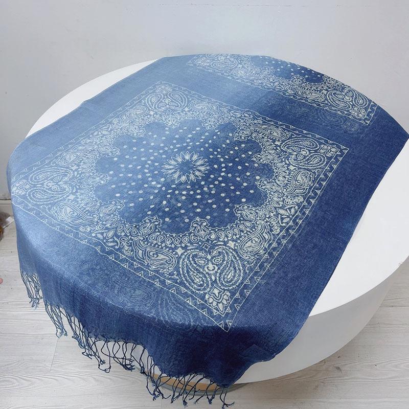 Linen Tie-Dye Scarf Gradual Change Blue Dye Batik Scarf Women'S Style Shawl Fringed Warm Silk Scarf