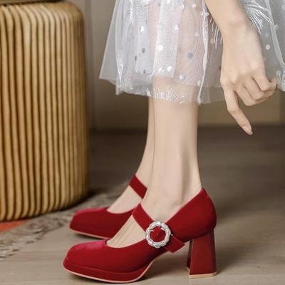 Туфли женские 2024 года, высококачественные женские туфли-лодочки с неглубокой подошвой, осенние туфли с круглым носком и пряжкой, однотонные вечерние туфли на толстом каблуке Zapatos Mujer