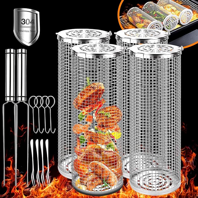 Роликовая корзина для гриля, корзина для гриля, большие круглые корзины для барбекю из нержавеющей стали 304, сетка для барбекю на открытом воздухе для кемпинга, овощей, рыбы, овощей