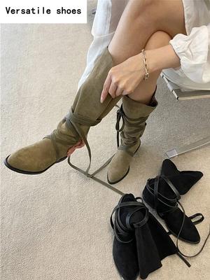 Весна Осень Женские ковбойские сапоги в стиле вестерн Модные туфли с перекрестными ремешками и острым носком Винтажные толстые каблуки Женские длинные сапоги