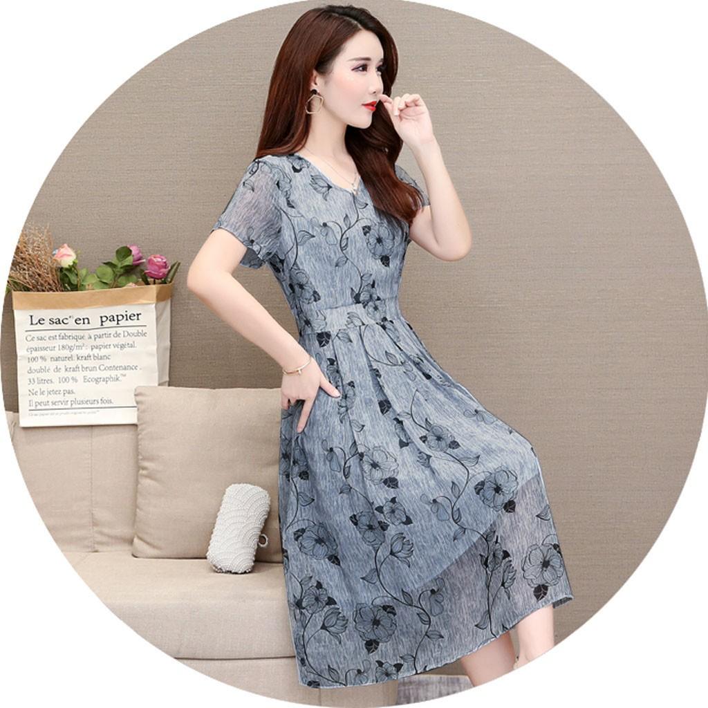 Модное женское повседневное платье трапециевидной формы с цветочным принтом и v-образным вырезом с короткими рукавами, длинное платье