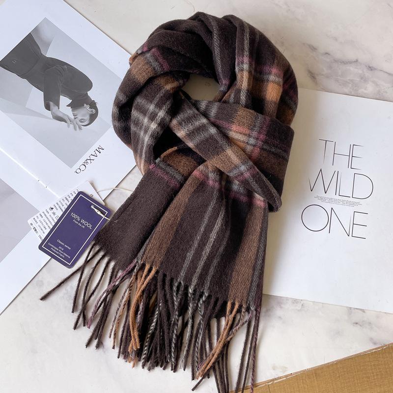 New Pure Wool Plaid Scarf British Men and Women Couples Winter Warm Double-sided Fringed High-end Scarf