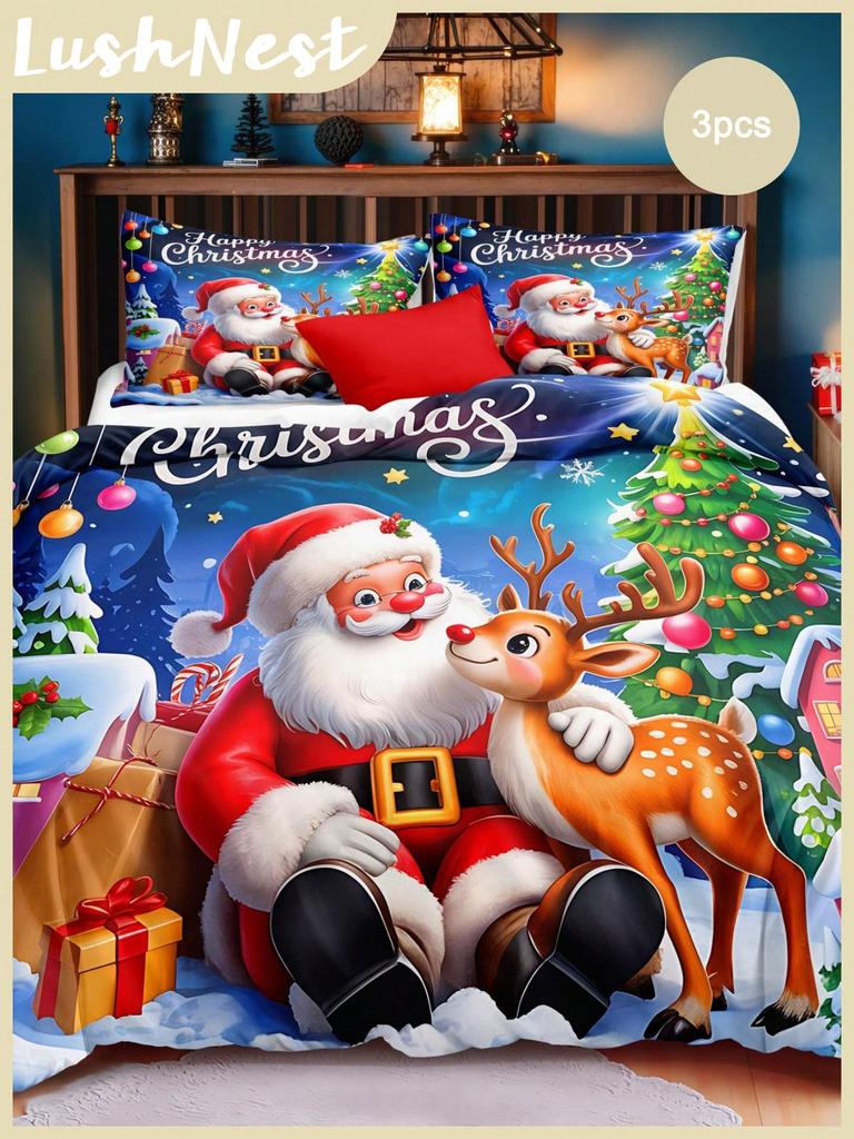 Рождественский постельный комплект Merry Christmas Набор пододеяльников, Рождественский принт 3 предмета Рождественские украшения для комнаты Набор чехлов для одеяла