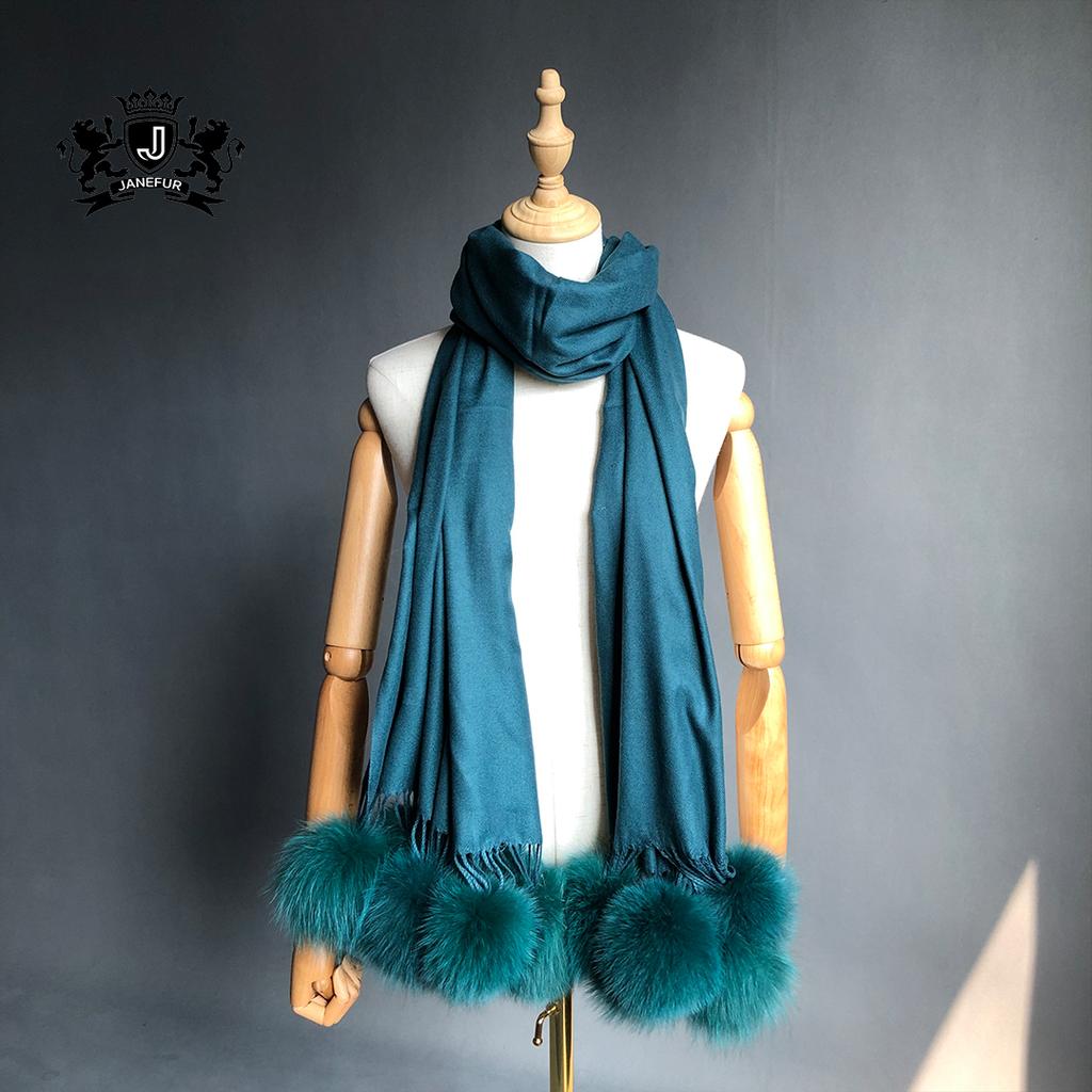 Factory Direct  Pashmina Shawl Women Cashmere Scarf Shawl With Fox Fur Pompoms
