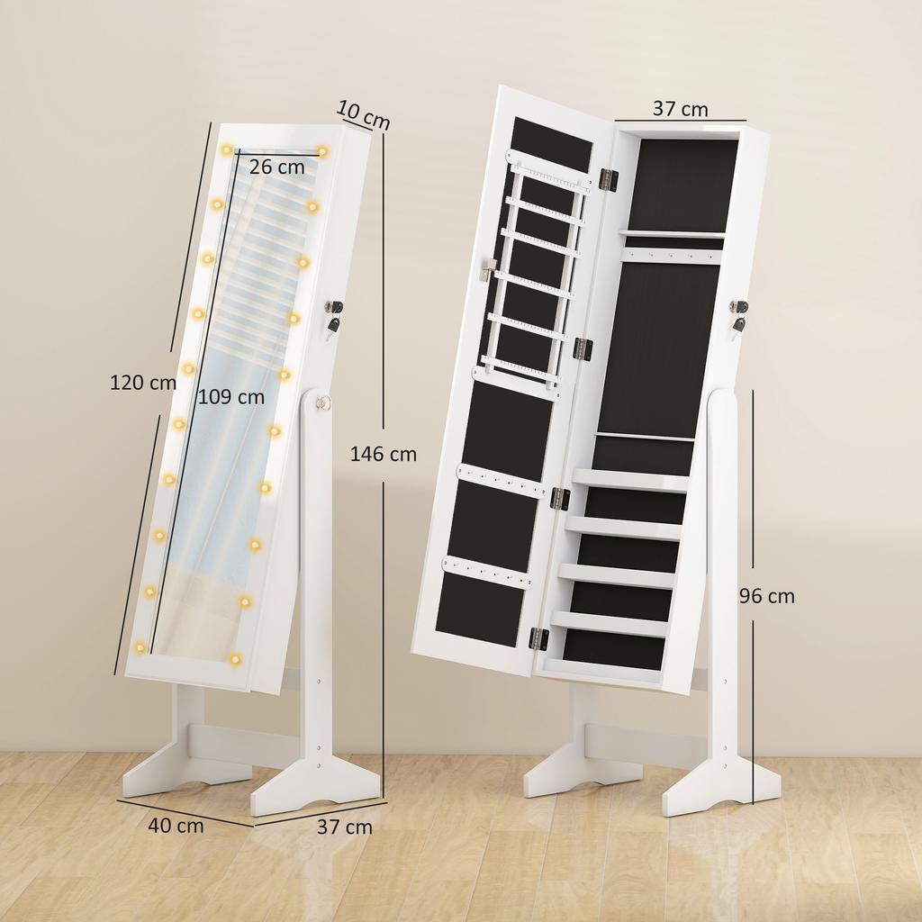 Jewelry Mirror Cabinet with 20 LED Lights Reclining Jewelry Cabinet with Storage for Rings Earrings Necklaces 40x37x146 cm White