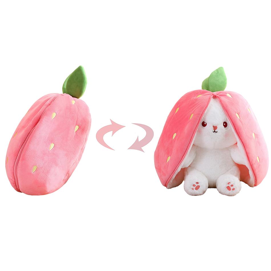 25cm Cosplay Strawberry Carrot Rabbit Plush Toy Stuffed Creative Bag Into Fruit Transform Baby Cuddly Bunny Plushie Doll For Kid