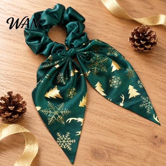 Christmas Hair Accessories for Women Scrunchies with Bows, Soft Satin Elastic Ties Women, Holiday Ponytail Holders Snowflake Elk Tree Print