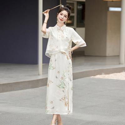 Комплект платья женский летний новый с принтом, топ на дисковых пуговицах, юбка, комплект из двух предметов