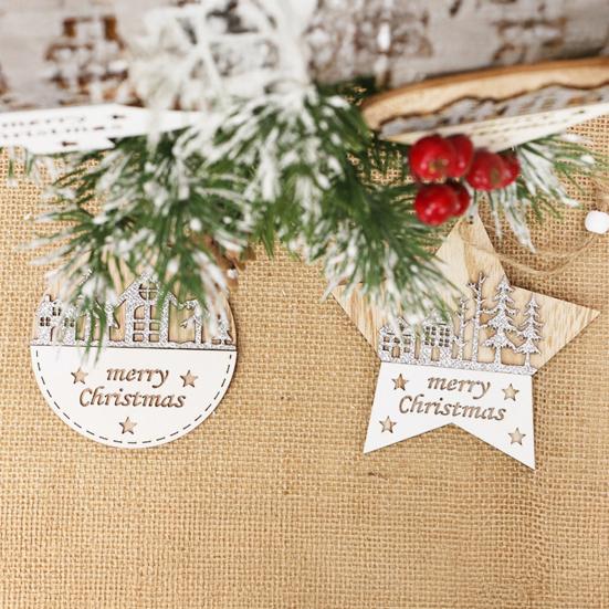 1/4Pcs Wooden Merry Christmas Ornament Farmhouse Rustic Xmas Tree Hanging Double Layer Splicing Love Heart Star Round Shape Holiday Decoration