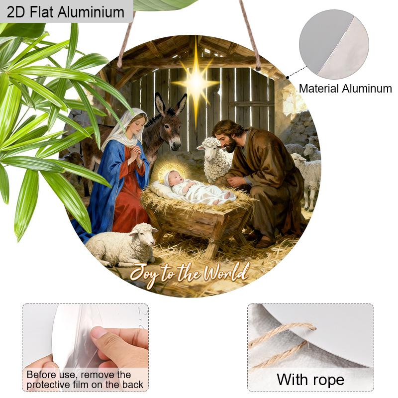 2D Flat Nativity Aluminium Christmas Sign with Joy To The World - Navidad Figurine Ornaments with Holy Night - Aluminium Manger Sign - Ideal for