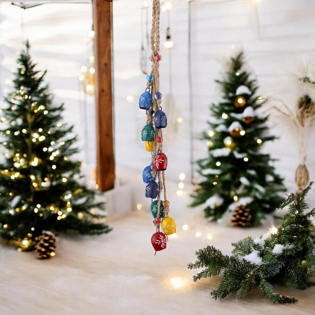 Винтажный колокольчик ручной работы на джутовой веревке, кластер из 10 колокольчиков для декора сада, патио и стен фермерского дома, успокаивающие звуки