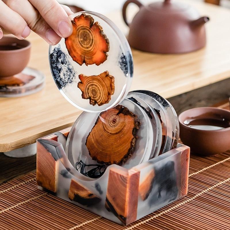 6PCS/SET Creative Resin Pine Coasters Heat-resistant Placemats Drink Mat Tea Coffee Cup Pad Waterproof Non-slip Table Decor Tableware Pad