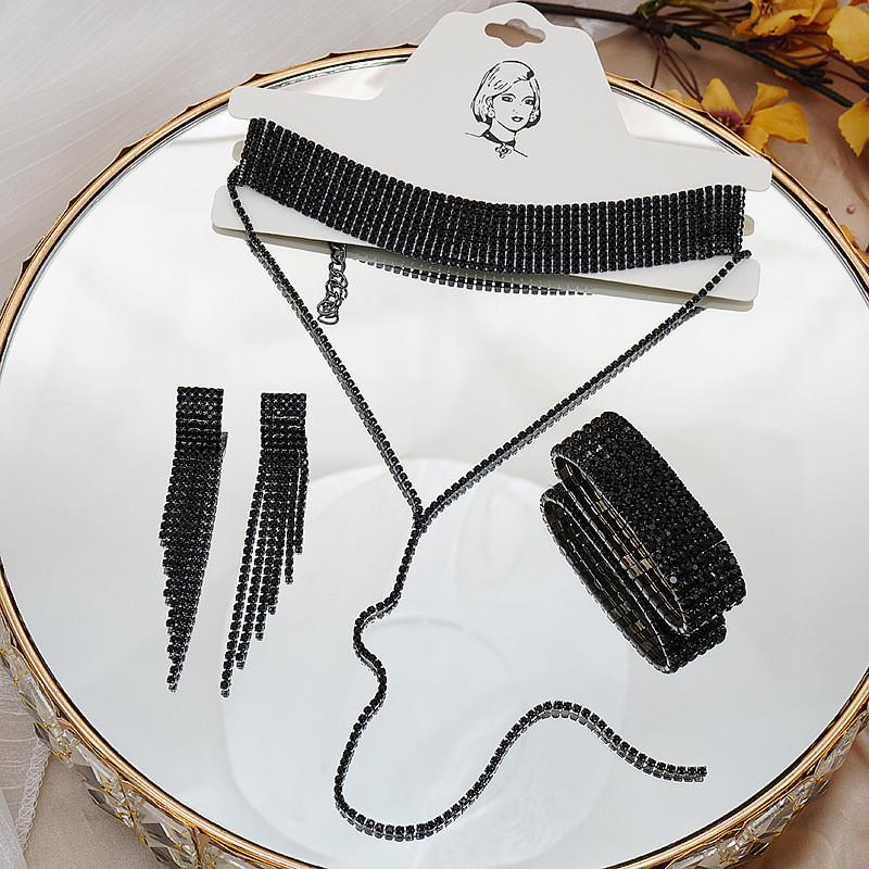 Kaimei Fashion Black Rhinestone Necklace Bracelet Earrings for Women Long Tassel Geometric Chain Necklace Black Jewelry Sets